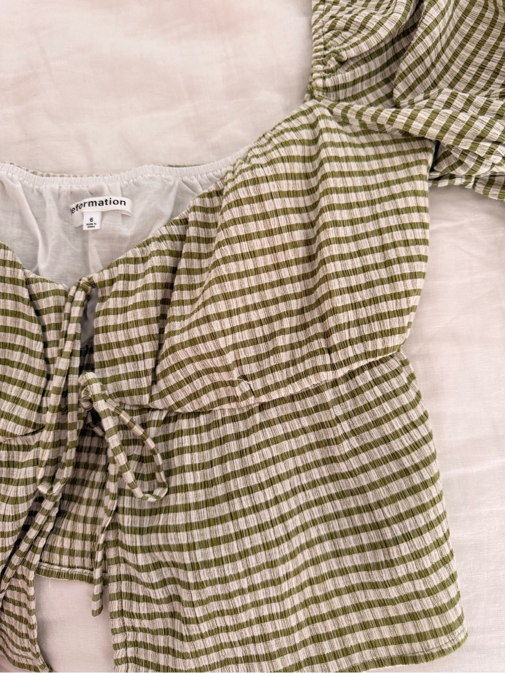 Reformation Olive Green Gingham Tie-Front Puff Sleeve Crop Top - Picture 5 of 6